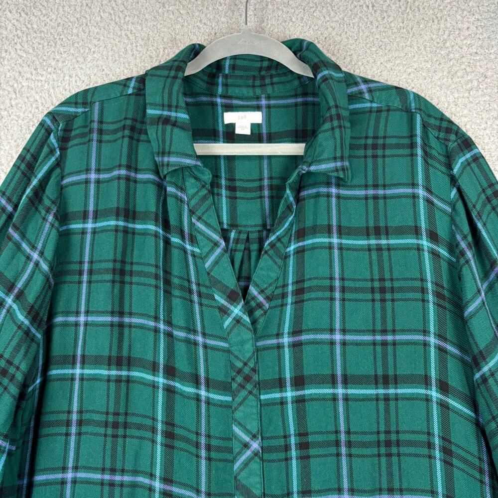 J Jill Tunic Top 4X Green Plaid Pockets Flowy Roomy Collared Long Sleeve Soft - Picture 2 of 12